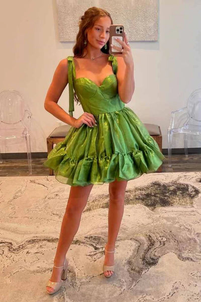 Sweetheart Neck Green Satin Short Prom Dress, Pretty Green Homecoming Dress A2215