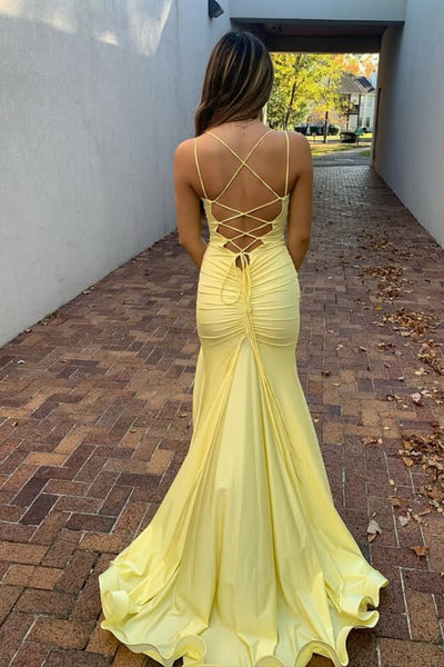 V Neck Mermaid Yellow/Blue Satin Long Prom Dress with Leg Slit, Mermaid Yellow/Blue Formal Graduation Evening Dress A2313