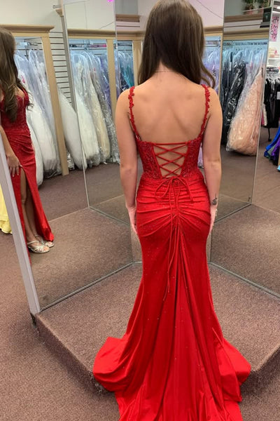 V Neck Open Back High Slit Mermaid Red Lace Long Prom Dress with Train, Mermaid Red Formal Dress, Red Lace Evening Dress