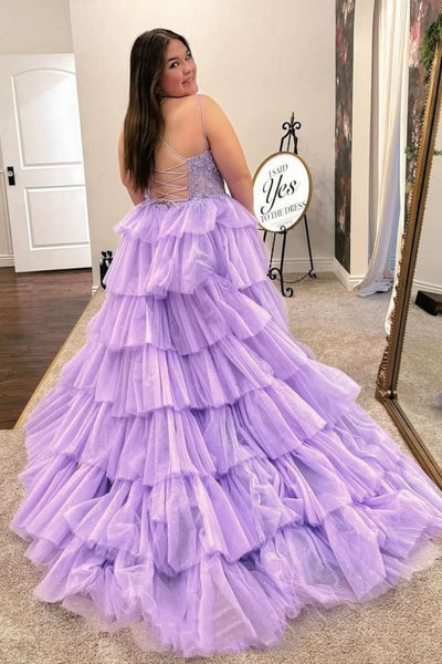 V Neck Open Back Layered Lilac Lace Long Prom Dress, Long Lilac Lace Formal Graduation Evening Dress A2282