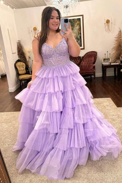 V Neck Open Back Layered Lilac Lace Long Prom Dress, Long Lilac Lace Formal Graduation Evening Dress A2282