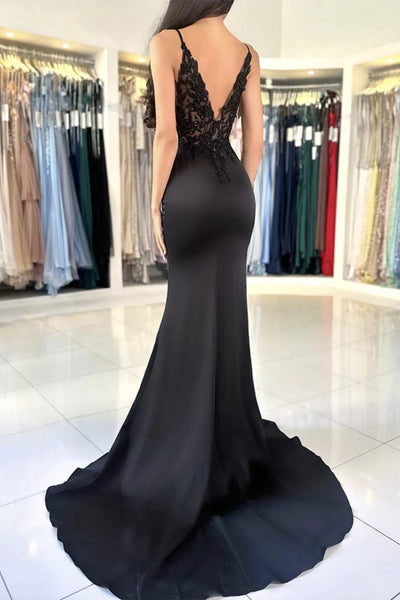 V Neck Open Back Mermaid Black Lace Long Prom Dress, High Slit Black Lace Formal Dress, Black Lace Evening Dress A2265