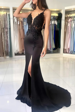 V Neck Open Back Mermaid Black Lace Long Prom Dress, High Slit Black Lace Formal Dress, Black Lace Evening Dress A2265