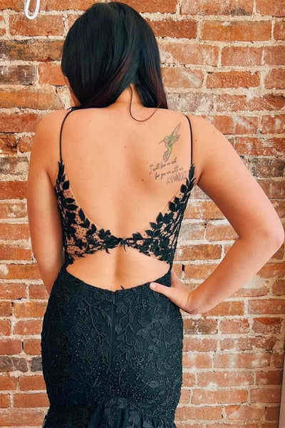 V Neck Open Back Mermaid Black Lace Long Prom Dress, Mermaid Black Formal Dress, Black Lace Evening Dress