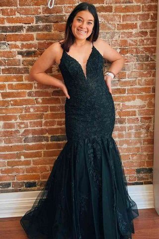 V Neck Open Back Mermaid Black Lace Long Prom Dress, Mermaid Black Formal Dress, Black Lace Evening Dress