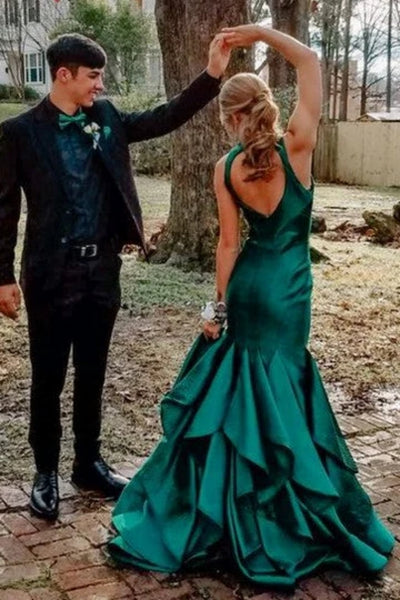 V Neck Open Back Mermaid Green Satin Long Prom Dress, Mermaid Green Formal Dress, Green Evening Dress