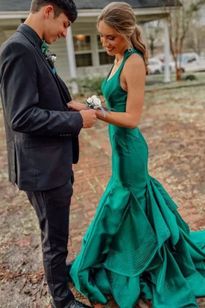 V Neck Open Back Mermaid Green Satin Long Prom Dress, Mermaid Green Formal Dress, Green Evening Dress