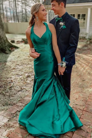 V Neck Open Back Mermaid Green Satin Long Prom Dress, Mermaid Green Formal Dress, Green Evening Dress