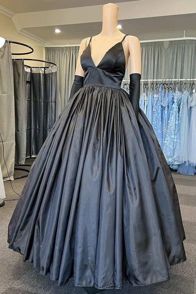 A Line V Neck Black Satin Long Prom Dress with Pocket, V Neck Black Formal Graduation Evening Dress A1735