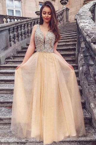 A Line V Neck Sequins Champagne Long Prom Dress, Champagne Formal Graduation Evening Dress