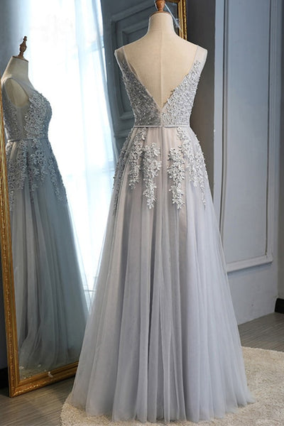 Charming Light Gray Lace V Neck Long Prom Dress, Light Gray Lace Formal Graduation Evening Dress