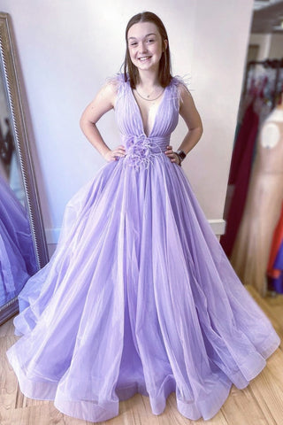 Deep V Neck Purple Tulle Long Prom Dress, Long Lavender Formal Evening Dress