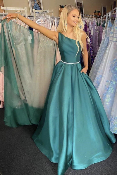 Elegant One Shoulder Green Satin Long Prom Dresses with Belt, One Shoulder Green Formal Graduation Evening Dress A1537