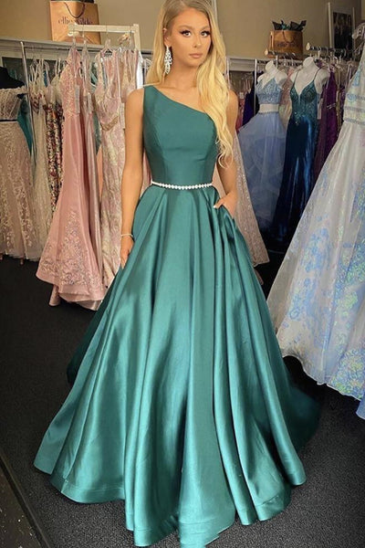 Elegant One Shoulder Green Satin Long Prom Dresses with Belt, One Shoulder Green Formal Graduation Evening Dress A1537