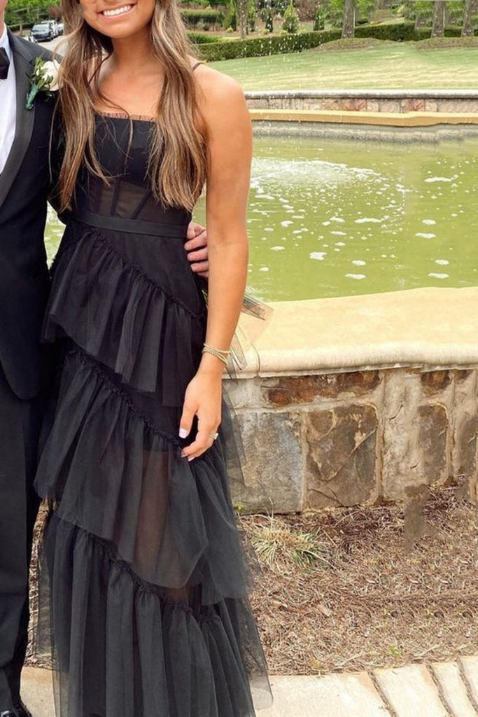 Short Black Layered Homecoming Dress with Lace Back
