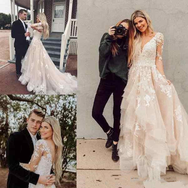 High Low Long Sleeves Champagne Lace Prom Wedding Dress, V Neck Champagne Lace Formal Dress, Champagne Lace Evening Dress A1385