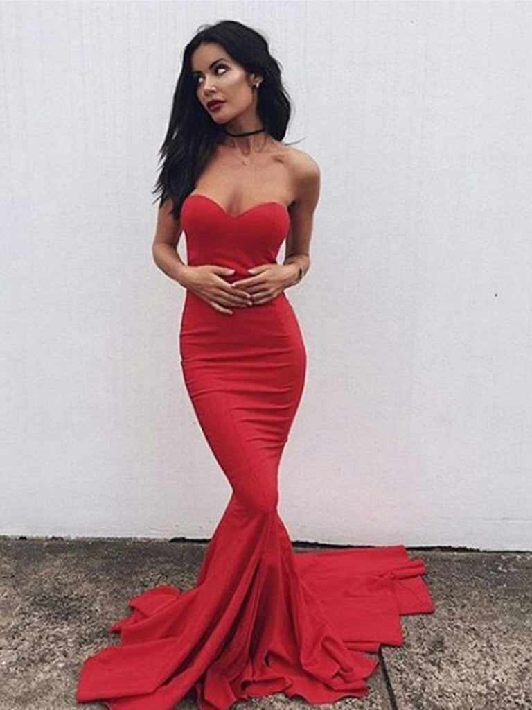 Sexy Mermaid Sweetheart Neck Red Satin Long Prom Dresses with Sweep Train, Red Mermaid Formal Dresses, Red Evening Dresses