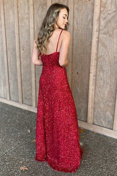 Shiny Burgundy Sequins A Line V Neck Backless Long Prom Dress, V Neck Burgundy Formal Graduation Evening Dress A1511