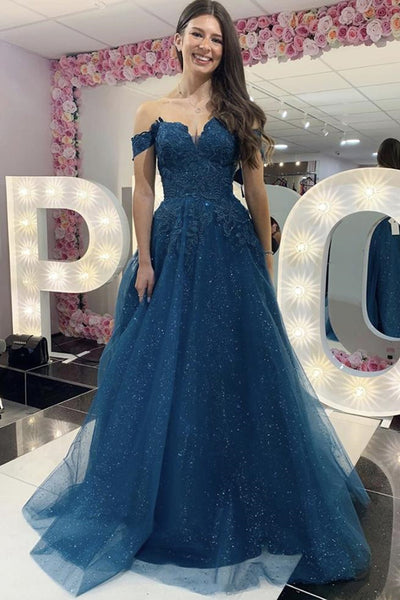 Shiny Off the Shoulder Blue Lace Long Prom Dress, Off Shoulder Blue La ...