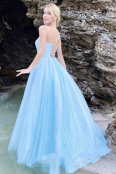 Shiny Sequins Open Back Light Blue Long Prom Dress, Backless Light Blue Formal Evening Dress