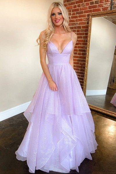 Shiny V Neck Backless Fluffy Purple Long Prom Dress, Backless Purple Formal Dress, Purple Evening Dress