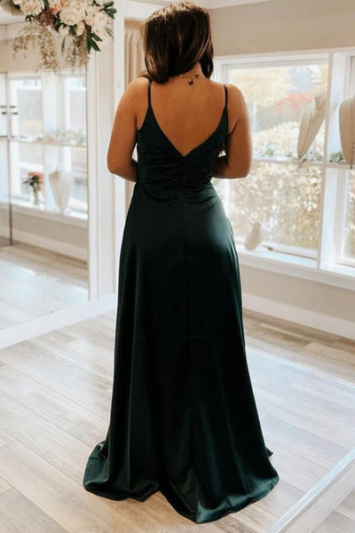 Simple A Line V Neck Dark Green Satin Long Prom Dress with High Slit, Dark Green Formal Graduation Evening Dress A1521