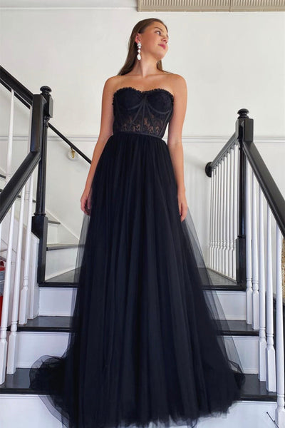 Strapless Black Lace Tulle Long Prom Dress, Black Lace Formal Dress, Black Evening Dress A1685