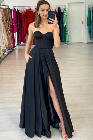 Strapless Black Satin Long Prom Dress with Side Slit, Long Black Formal Evening Dress