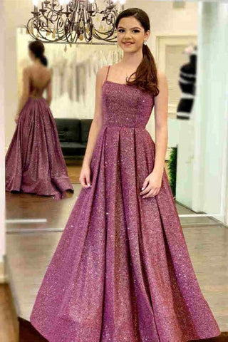 Stylish Backless Purple Sequins Long Prom Dress, Purple Long Formal Evening Dresses