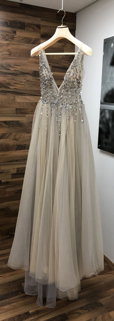 Stylish V Neck Open Back Sequins Gray Long Prom Dress with High Slit ...