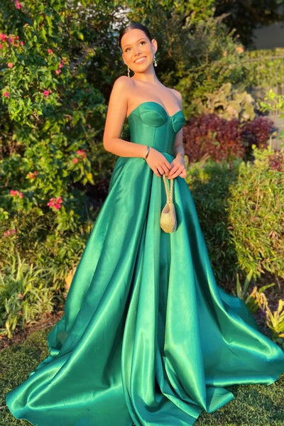 Sweetheart Neck Strapless Green Satin Long Prom Dress, Long Green Formal Graduation Evening Dress A1762