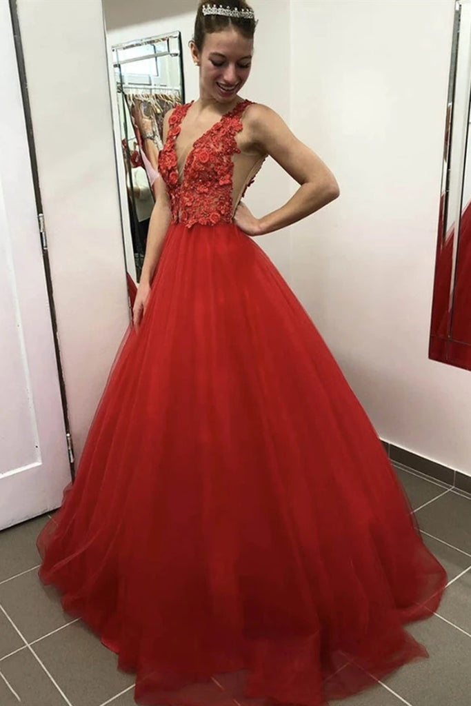 V Neck Open Back 3d Floral Red Lace Long Prom Dress Red Lace Formal G Abcprom 9115