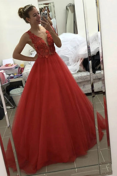 V Neck Open Back 3d Floral Red Lace Long Prom Dress, Red Lace Formal Graduation Evening Dress